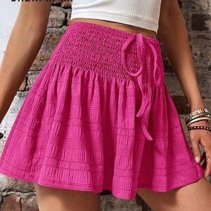 Hot Pink Smocked High Waist Tie Front Shorts